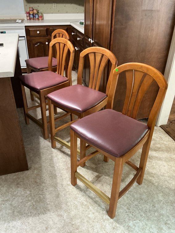 Four Wooden Bar Chairs With Padded Seats and Brass Footrests