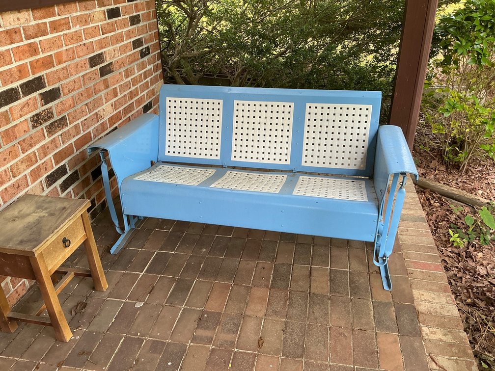 Blue Metal Outdoor Glider Bench With Retro Woven-Style Seat