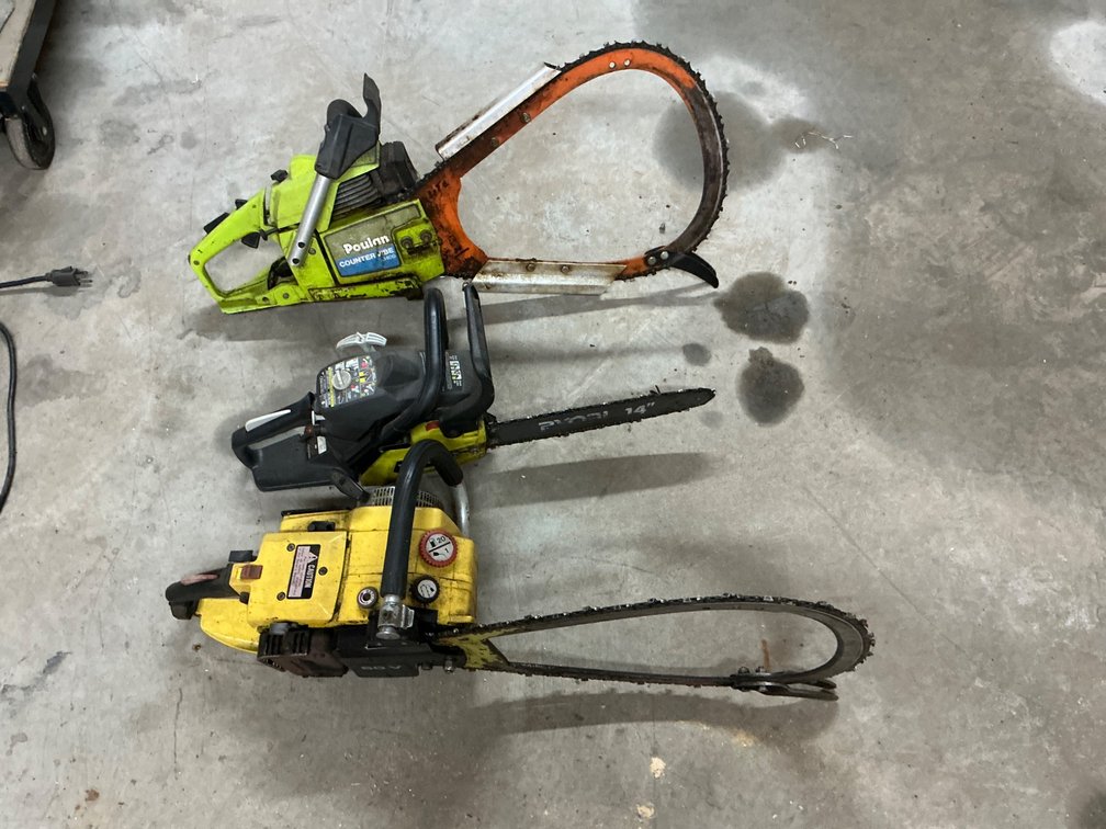 Three Chainsaws Featuring John Deere, Ryobi, and Poulan Models