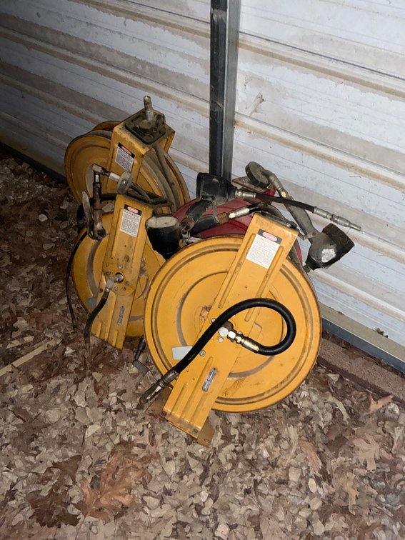 4 Air Hose Reels with Attached Tools