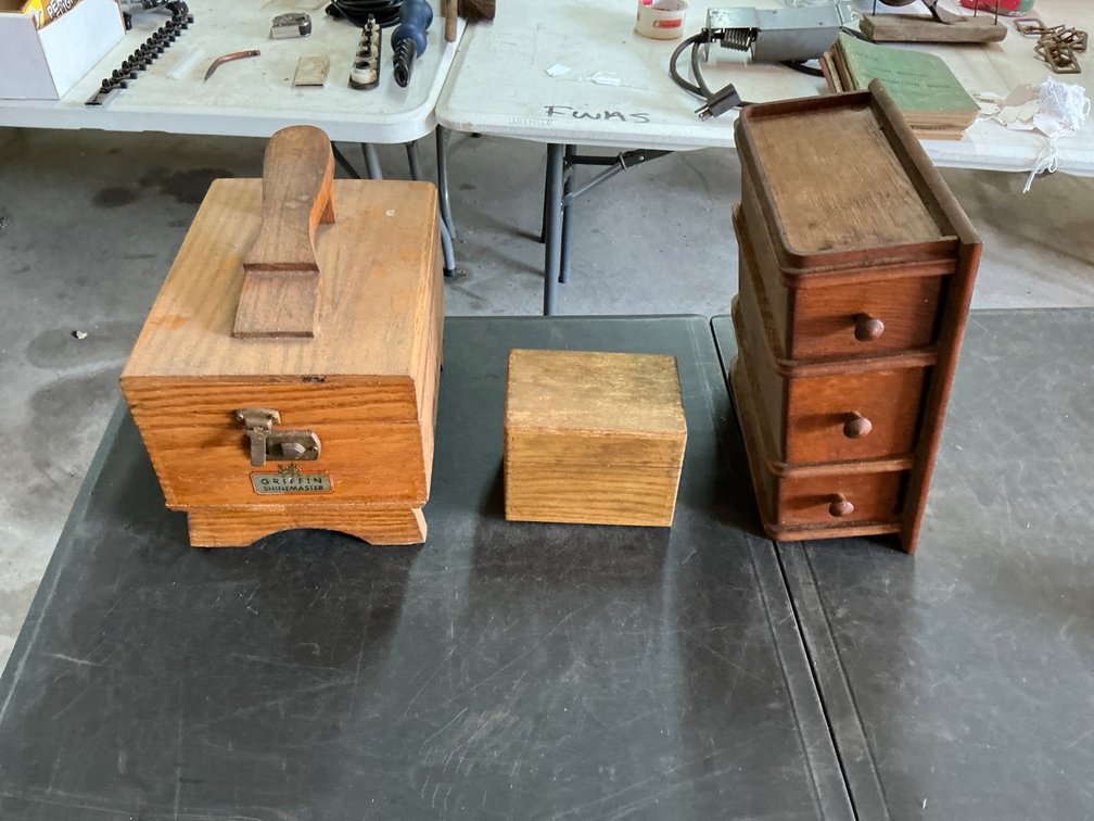 Wooden Storage Items: Griffin Shine Master Box, 1867 Merchants Box, and Sewing Table Drawers
