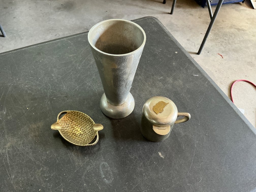 Unique Ashtray, Cup, and Silver Plate Creamer with Mexican and German Silver Marks