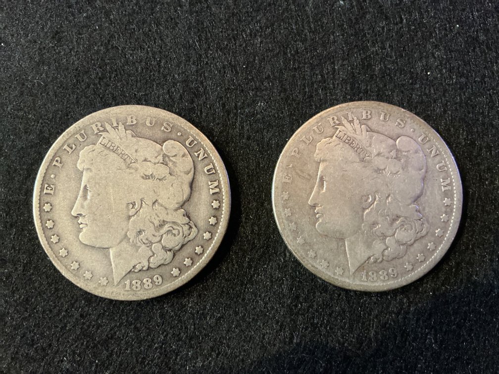 Two 1889 Morgan Silver Dollars Without Mint Marks