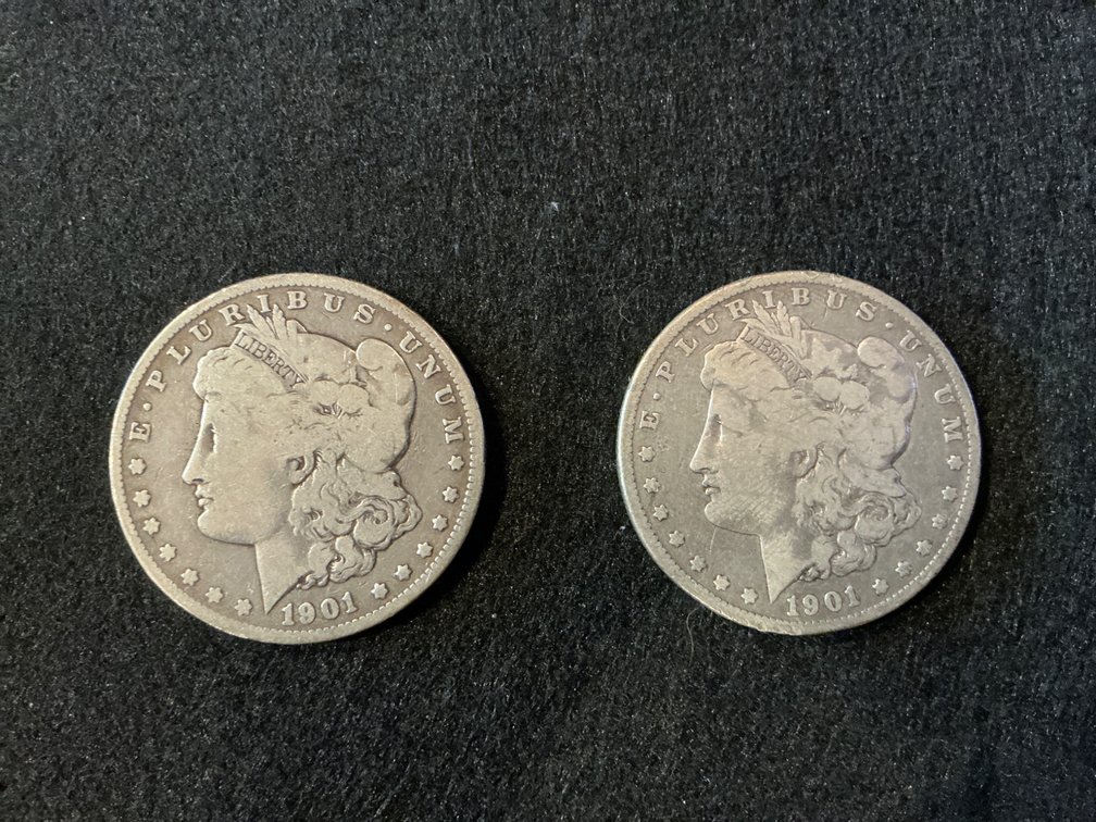 Two 1901 Morgan Silver Dollars With O Mint Mark