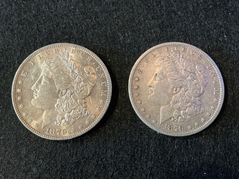 Two 1879 Morgan Silver Dollars: One-O Mintmark and One Without Mintmark