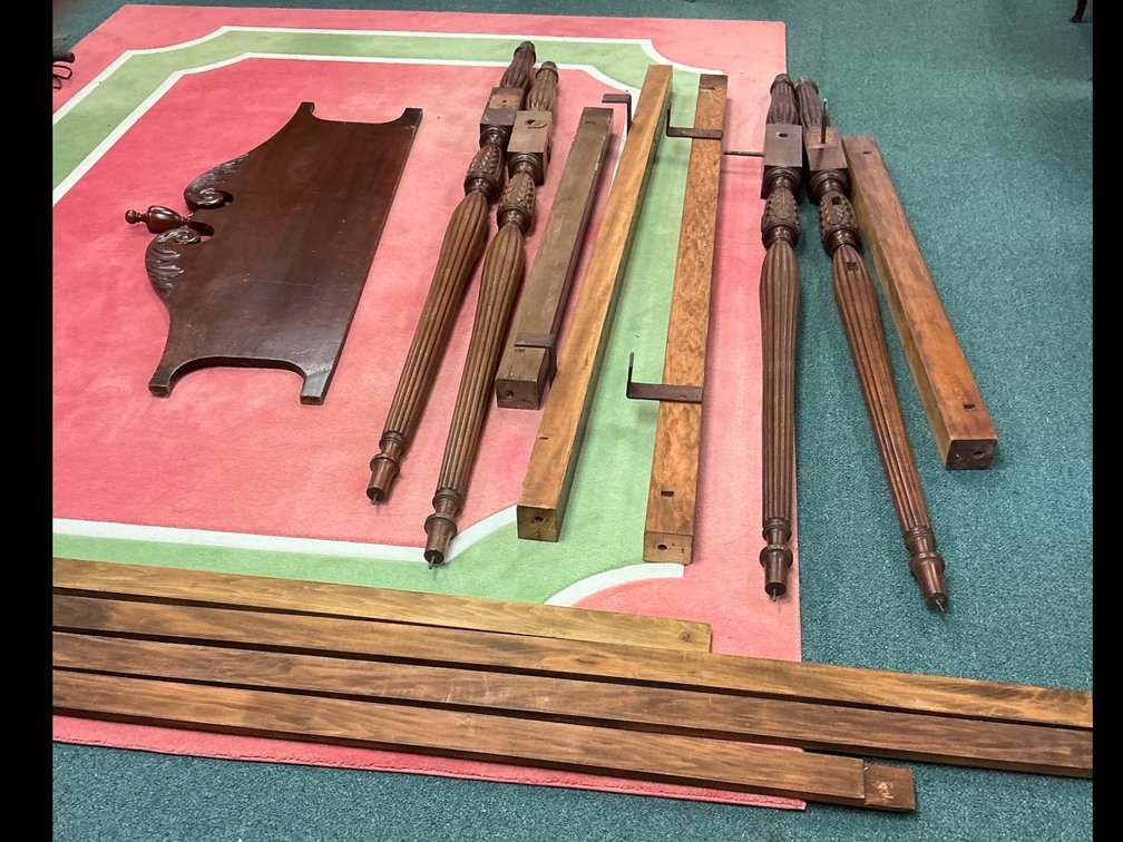 Wooden Bed Frame with Carved Posts and Components