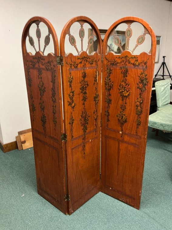 Three-Panel Wooden Folding Screen with Painted Floral and Figural Designs