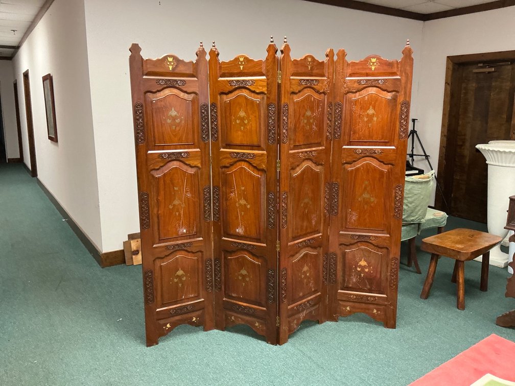Four-Panel Wooden Room Divider With Carved Details and Inlay Etching