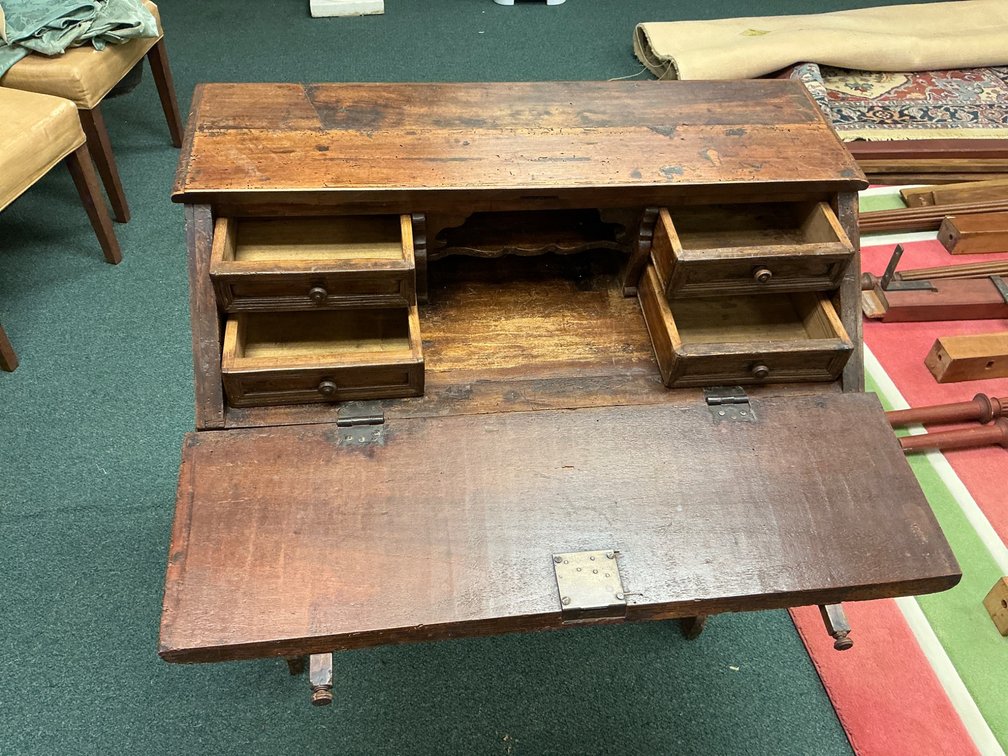 Wooden Drop-Front Writing Desk with Decorative Legs and Storage Drawers