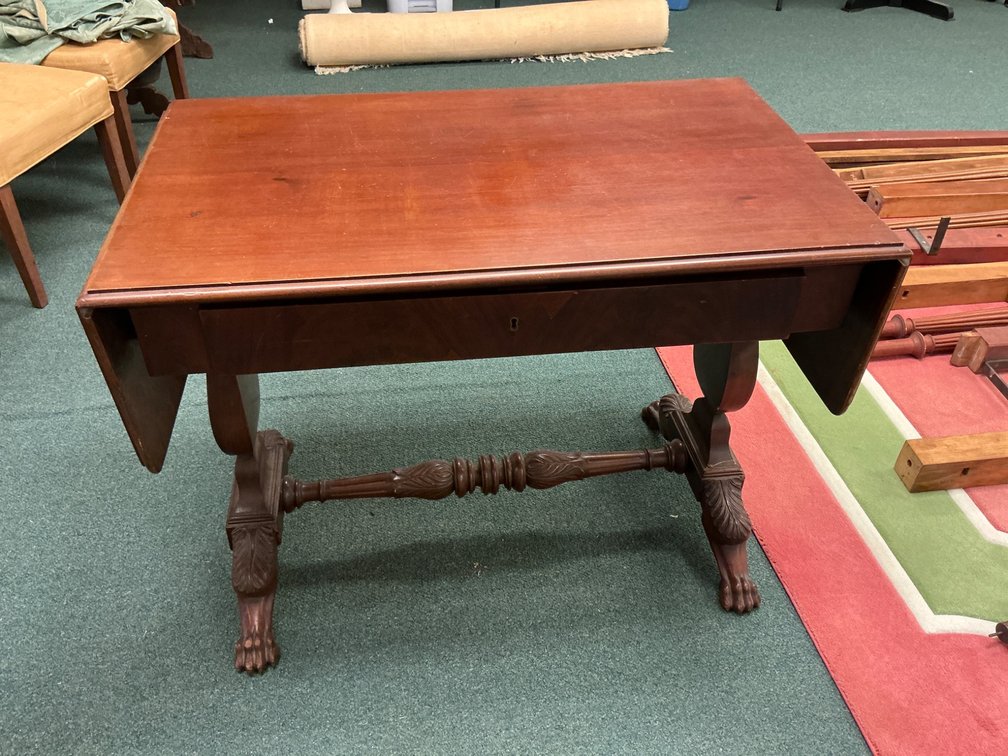 Mahogany Drop-Leaf Table with Carved Pedestal Base and Single Drawer