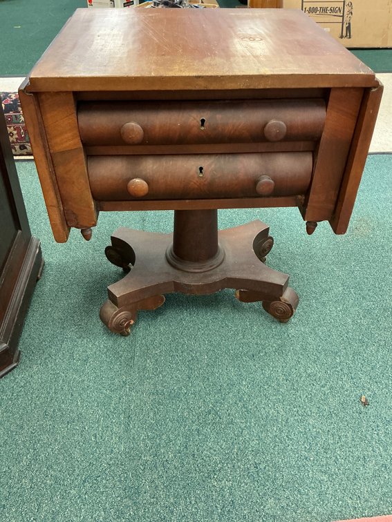 Wood Drop-Leaf Side Table with Two Drawers and Missing Leaf Supports