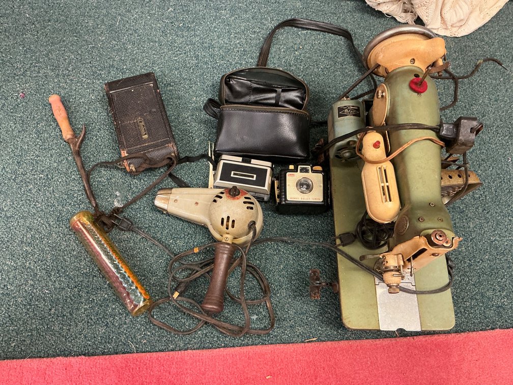 Vintage Homemaker Sewing Machine, Cameras, and Tools