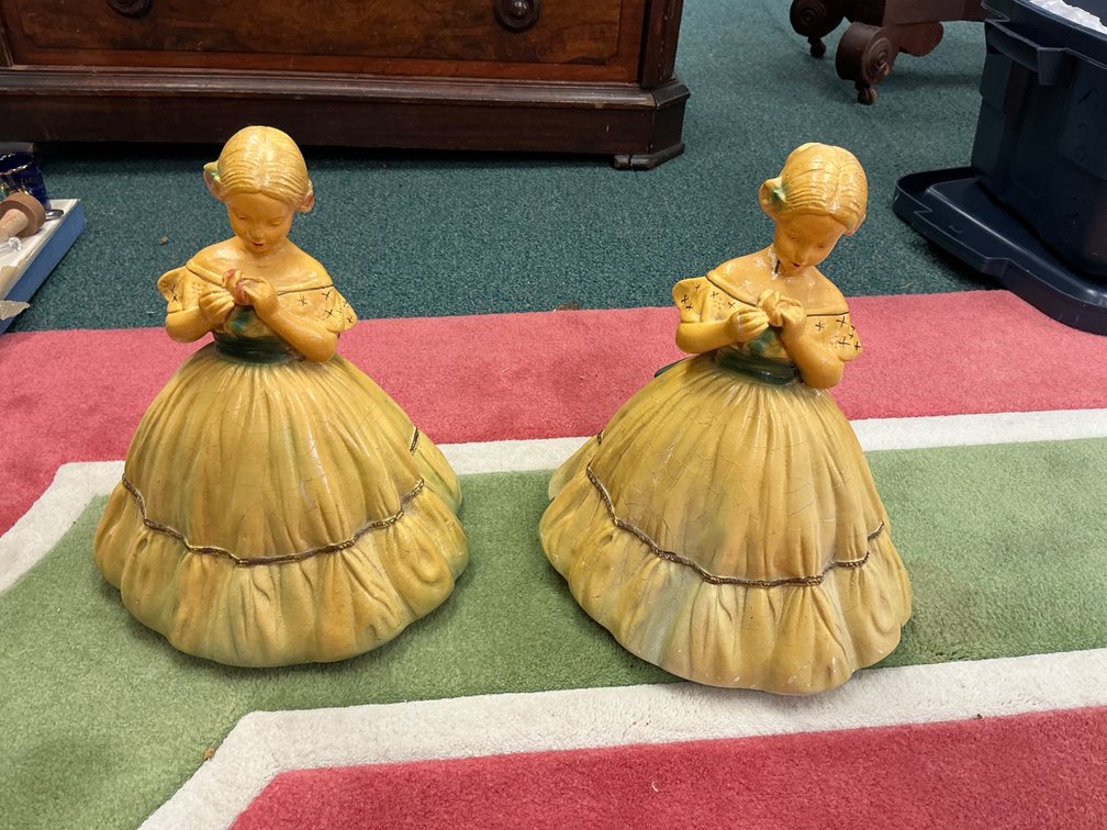 Two Decorative Yellow Ceramic Figurines of Girls in Dresses