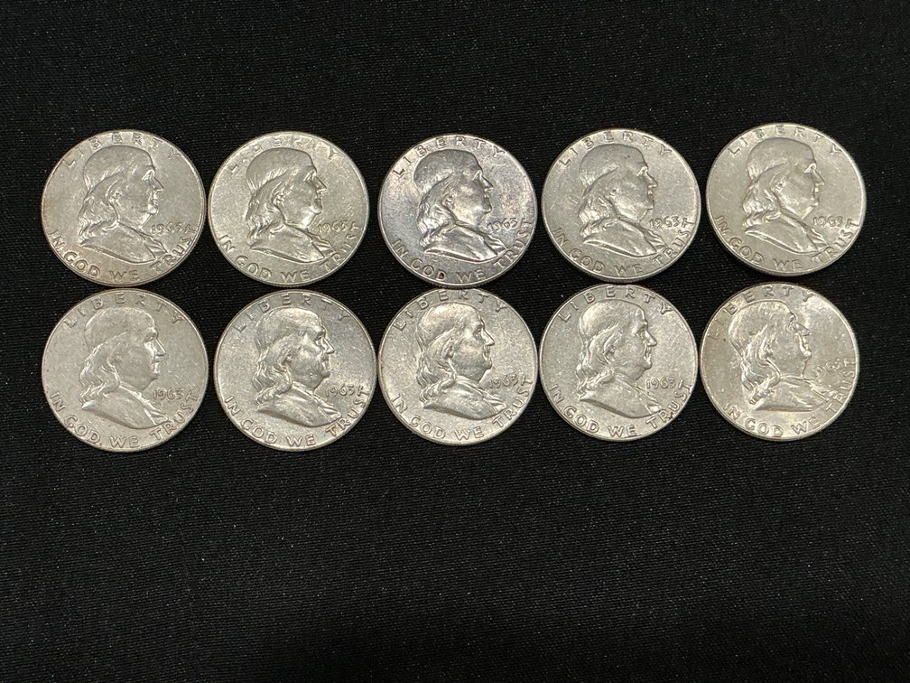 Set of Ten 1963 Franklin Half Dollar Coins $5.00 FV