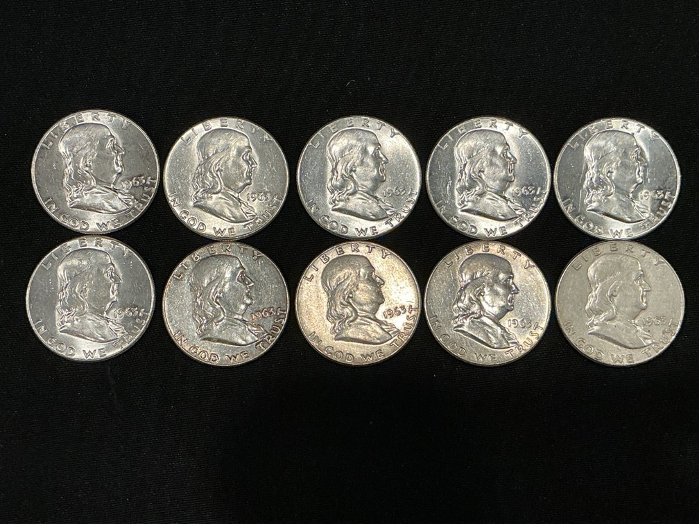 Set of 10 Franklin Half Dollars Dated 1963 $5.00 FV