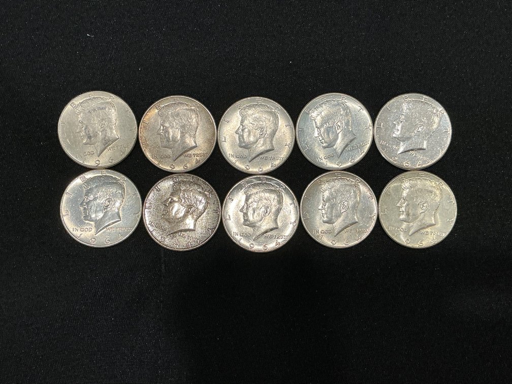 1964 Kennedy Half Dollar Silver Coins, Set of 10 $5.00 FV