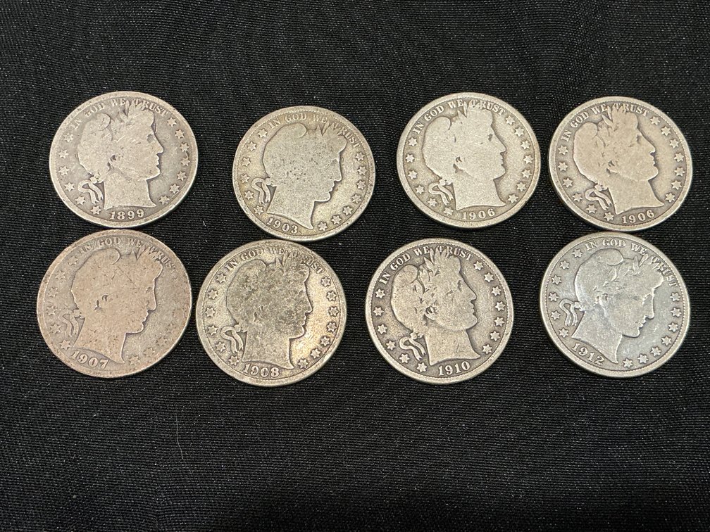 Collection of Eight Barber Half Dollars 1899-1912 $4.00 FV