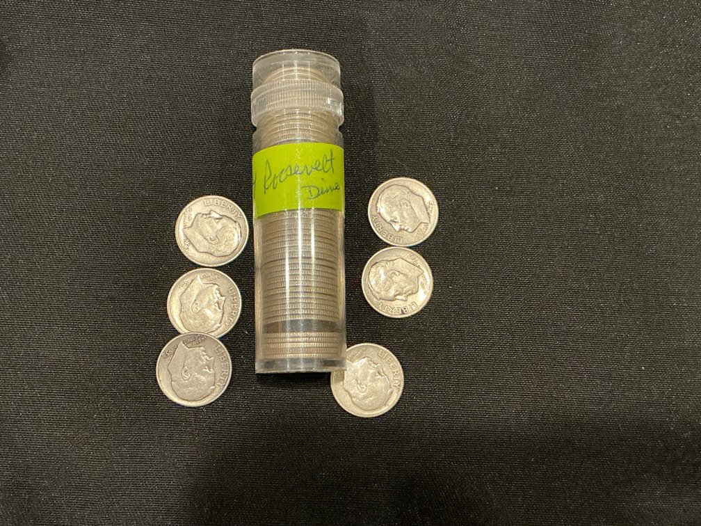 Tube of 54 Roosevelt Dimes in Circulated Condition $5.40 FV