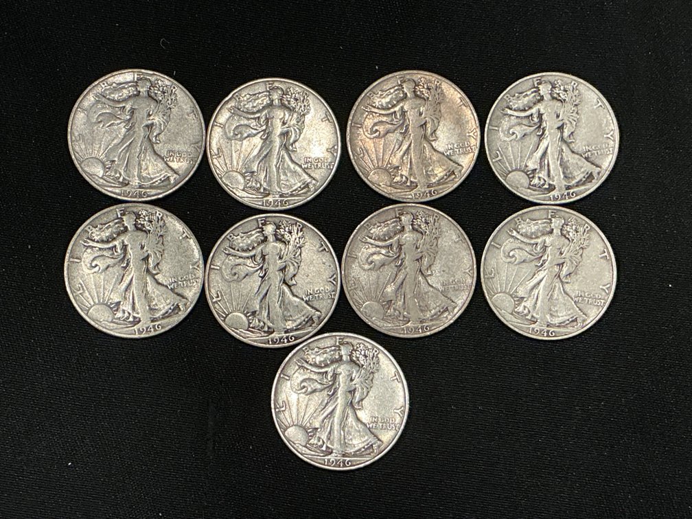 1946-S Walking Liberty Half Dollars, Lot of 9 Coins $4.50 FV