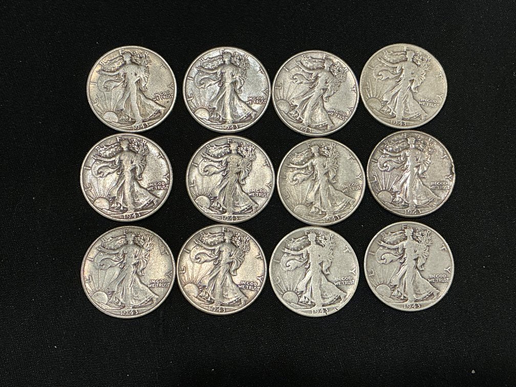 1943 Walking Liberty Half Dollar Coins, $6.00 FV, 90% Silver