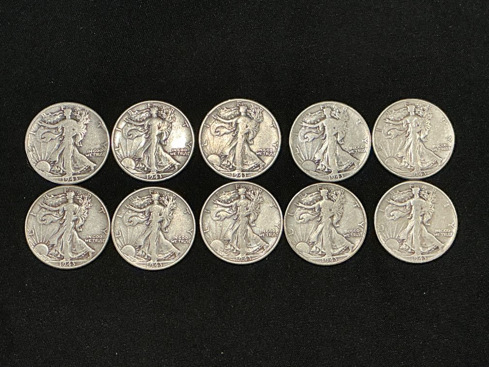 1943 $5.00 Face Value Walking Liberty Half Dollars
