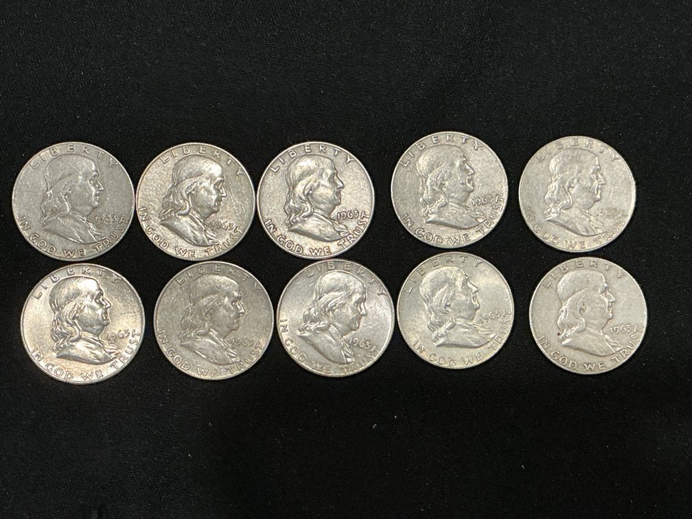 1963D $5 Face Value Franklin Half Dollar Coins (10 Pieces)