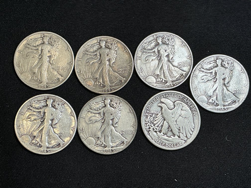 Set of Seven 1945S Walking Liberty Half Dollars, $3.50 FV