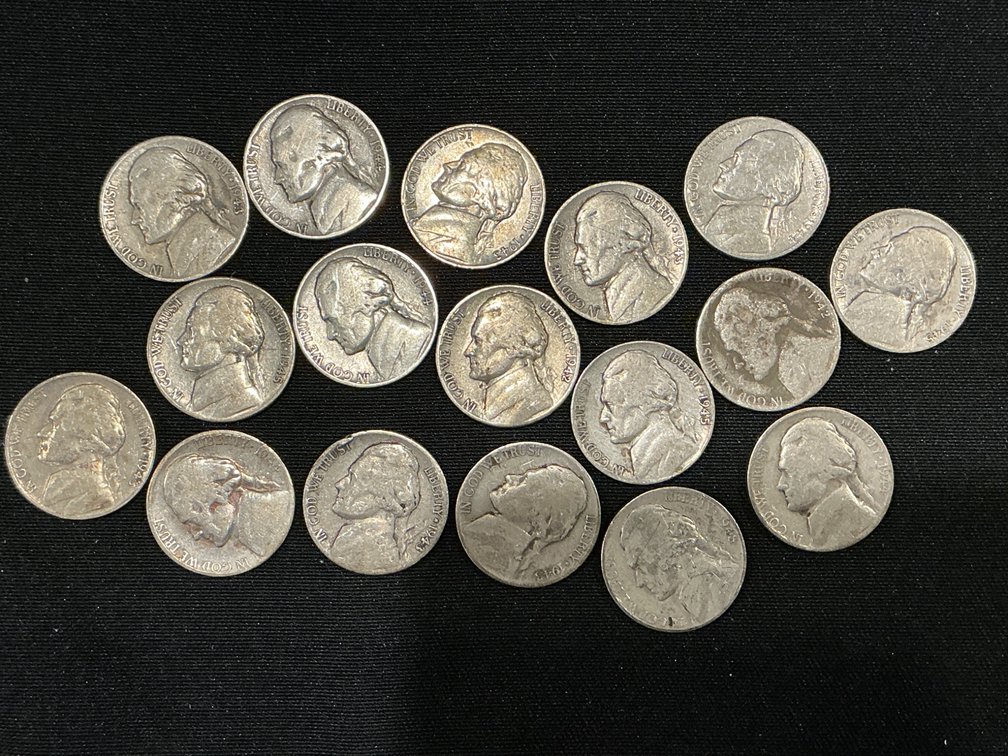 Collection of 17 Wartime Nickels Containing 35% Silver