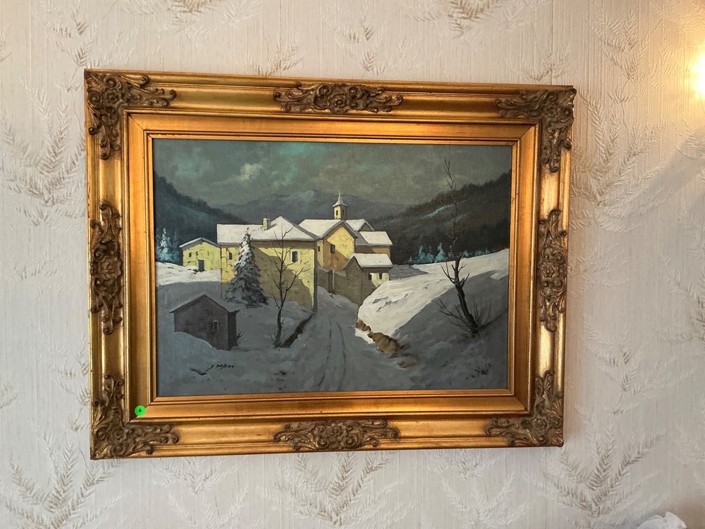 Framed Oil on Canvas Winter Village Scene