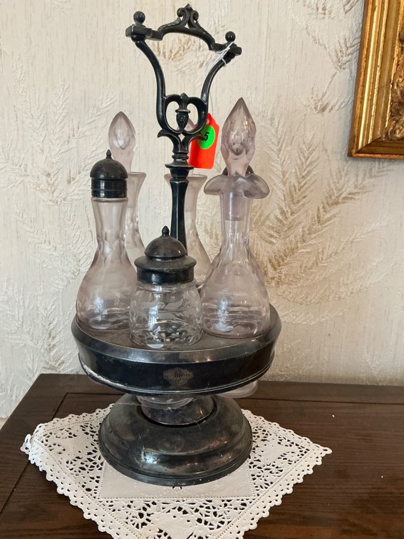 Silver-Plated Cruet Set with Glass Bottles and Stoppers