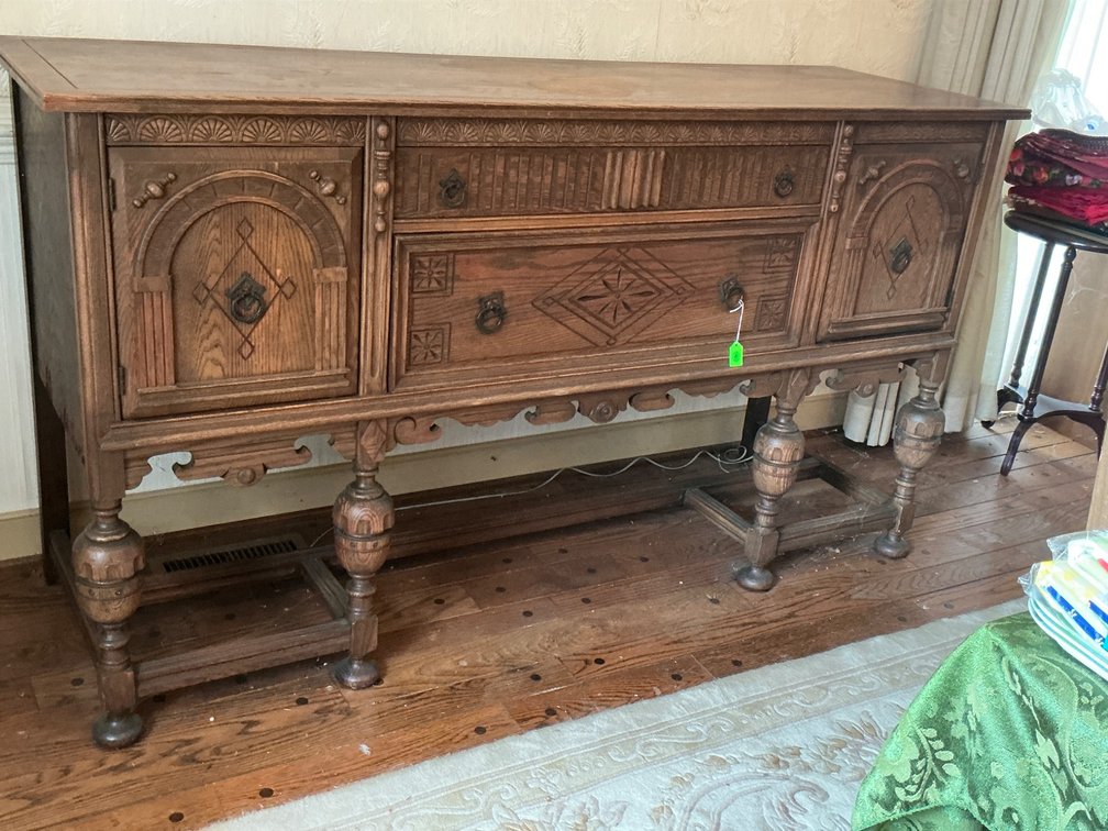 Carved Oak Sideboard with Panel and Geometric Detailing