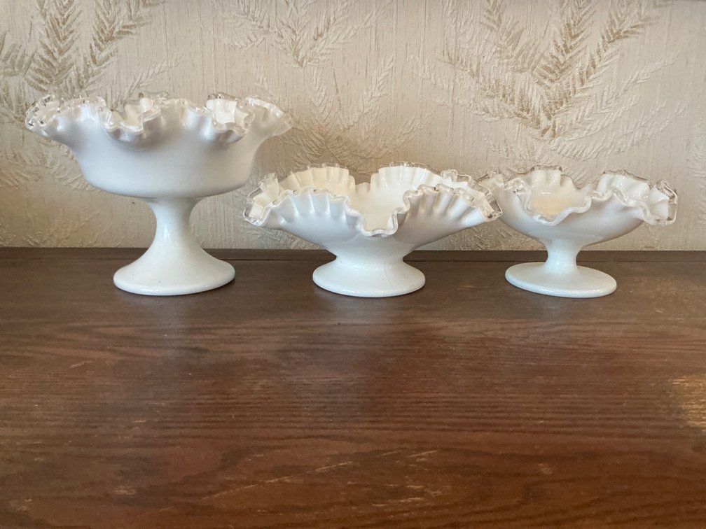 Set of Three Milk Glass Compotes with Ruffled and Clear Trim