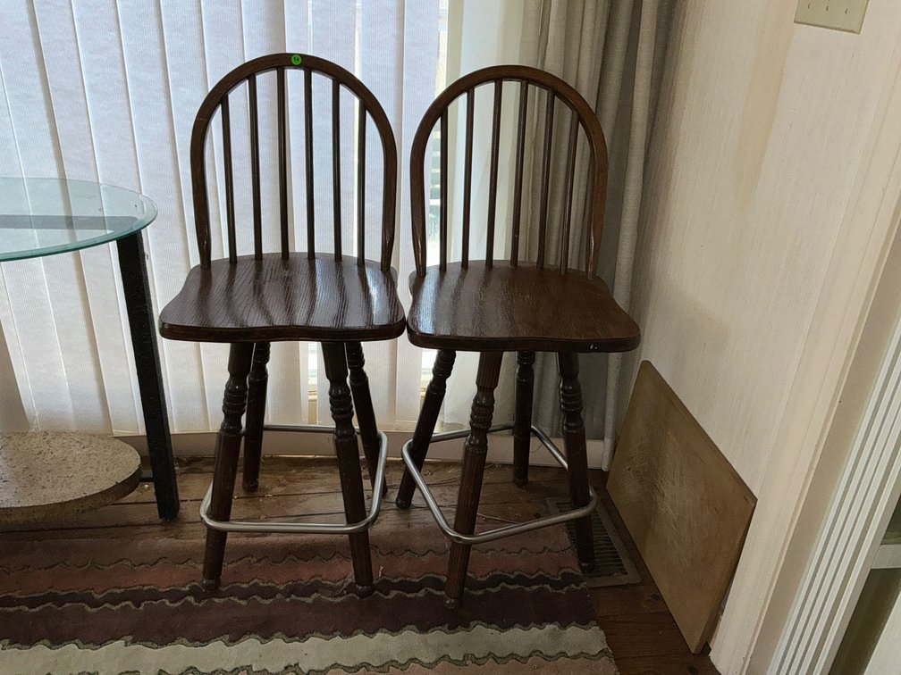 Pair of Spindle Back Wooden Bar Stools with Metal Footrests