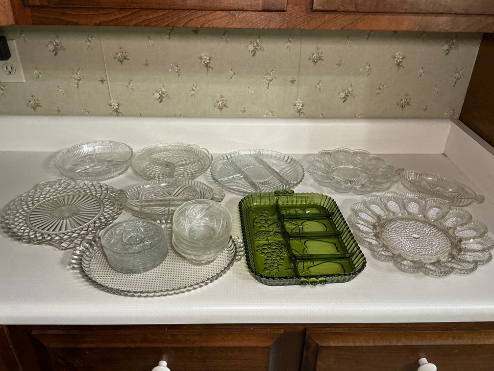 Collection of Pressed Glass and Green Glass Serving Dishes