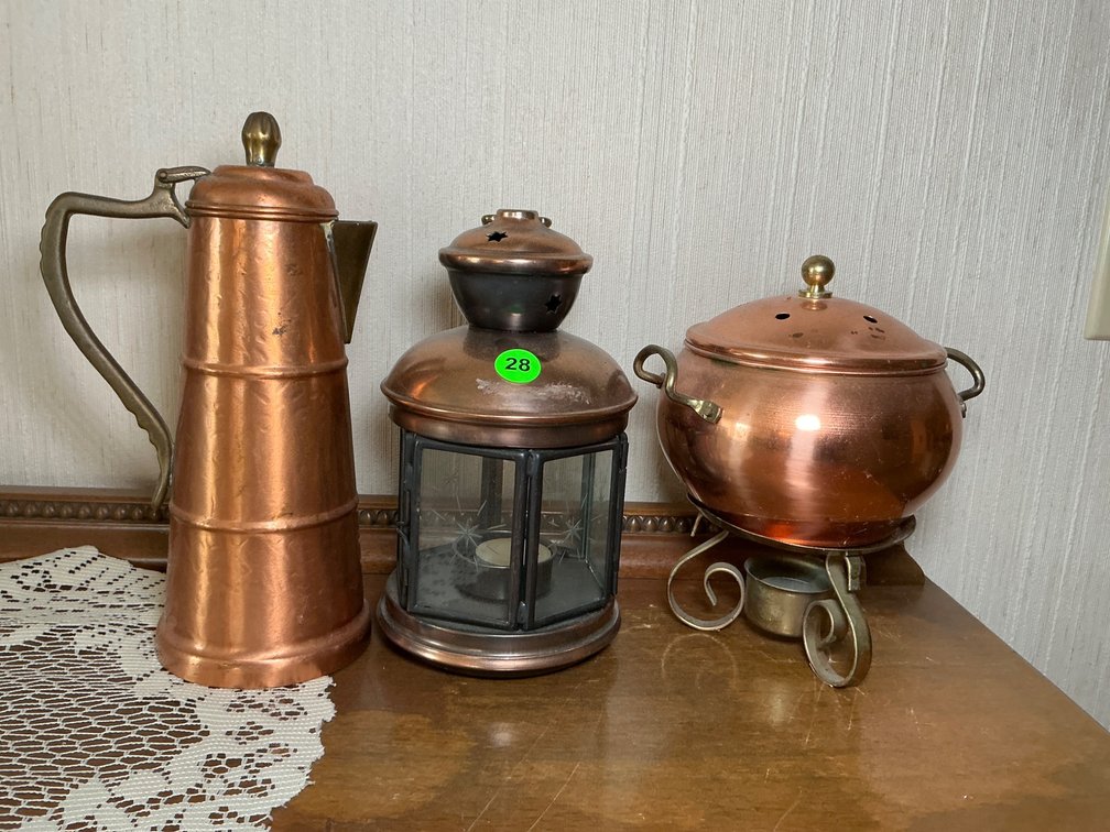 Collection of Copper Decorative Items Including Lantern, Pot, and Pitcher