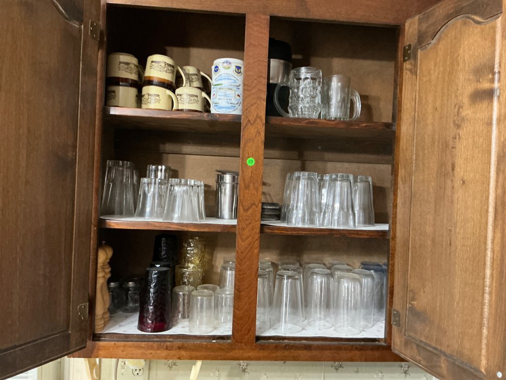 Set of Various Glassware and Mugs Stored in Solid Wood Cabinet