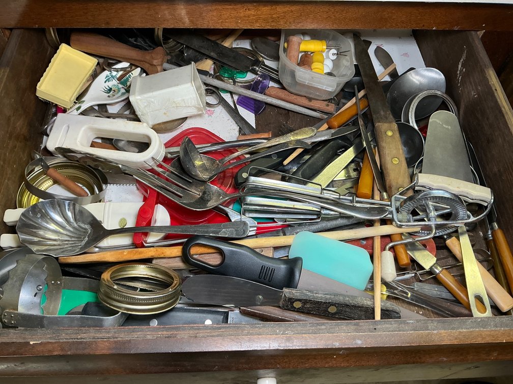 Assorted Kitchen Utensils and Tools Collection in Wooden Drawer