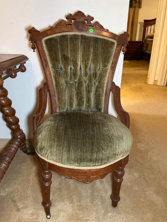 Carved Wood Chair with Green Upholstered Seat and Backrest
