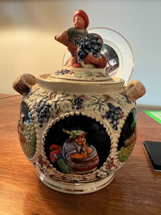 German Ceramic 2L Lidded Vase with Grapevine and Figurative Relief