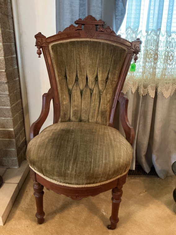 19th Century Carved Wooden Chair with Upholstered Seat and Back
