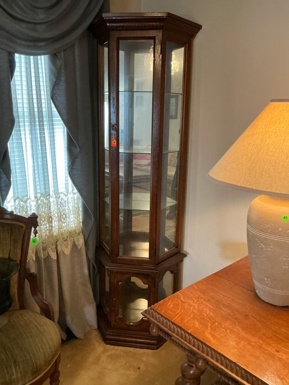 Wooden Glass-Panel Corner Curio Display Cabinet With Lighting