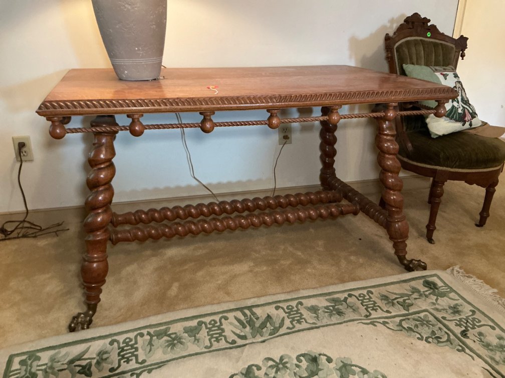 Solid Wood Table with Barley Twist Legs and Brass Claw Foot Casters