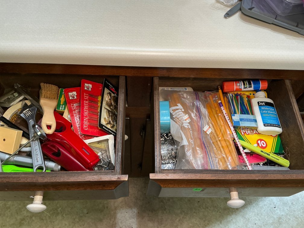 Assorted Craft and Household Utility Supplies in Wooden Drawers