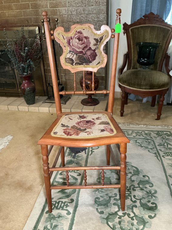 Wooden Chair with Floral Needlepoint Seat and Backrest