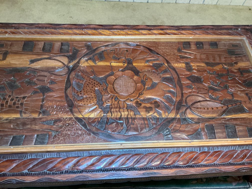 Hand-Carved Wooden Coffee Table With Glass Top