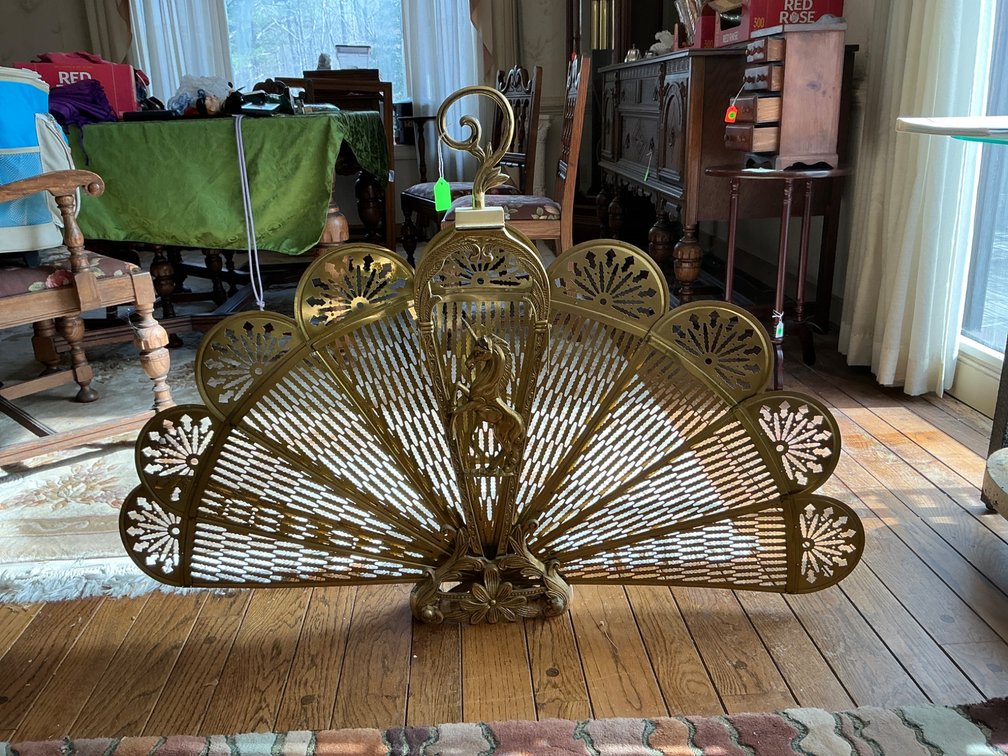 Decorative Brass Peacock-Style Folding Fireplace Screen