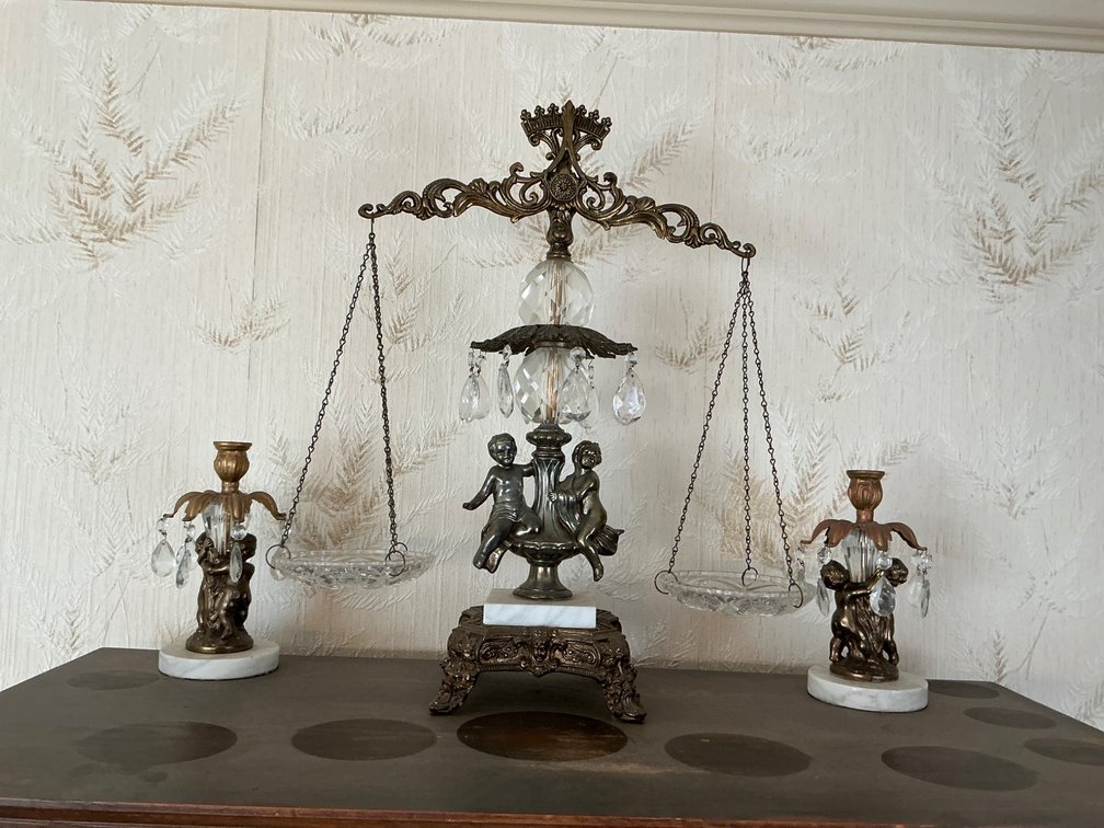 Bronze-Cast Figural Scale With Crystal Adornments