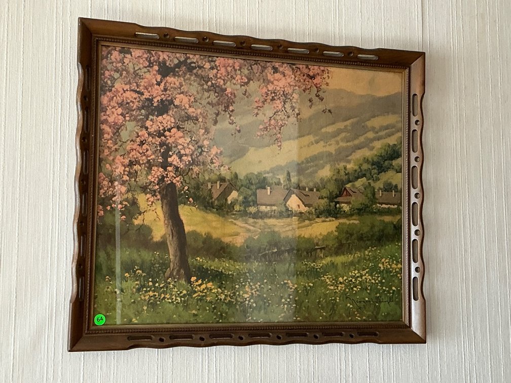 Framed Landscape Print of Cottage and Spring Blossoms, 26×23