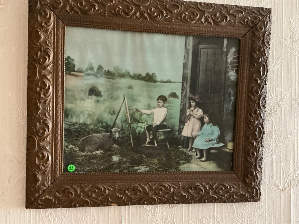 Framed 27×23 Artwork of Children with Sheep