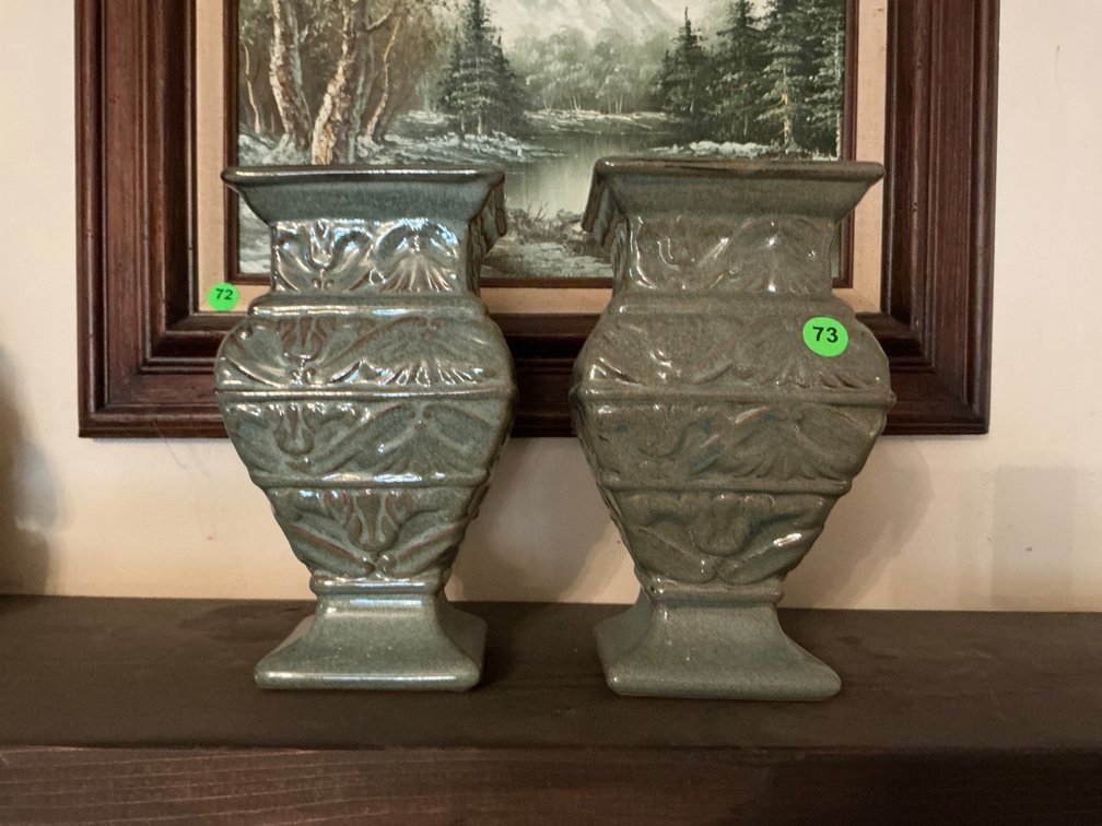 Pair of 9-Inch Decorative Green Ceramic Vases with Geometric Patterns